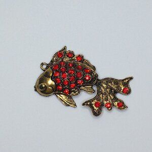 Red Golden Fish Pendant, gold color, red rhinestone, shiny crystals details